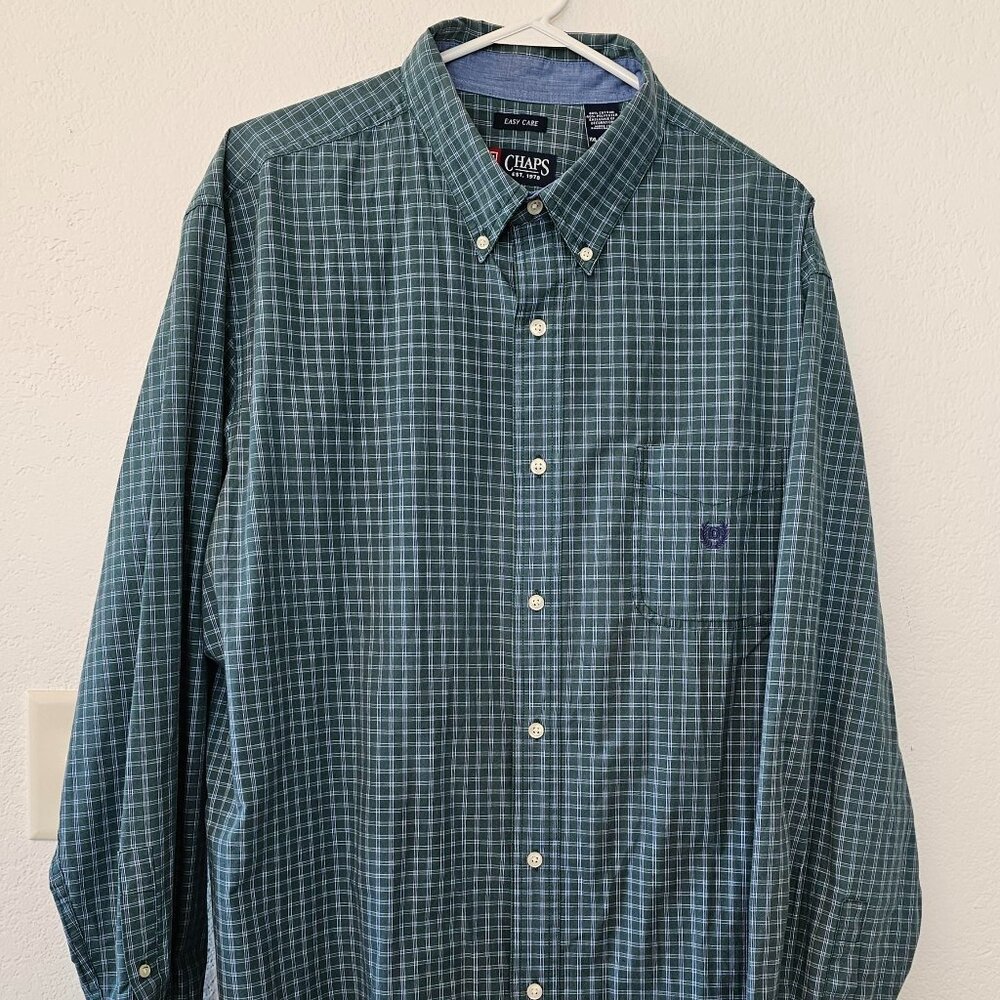 CHAPS Easy Care Men's XXL Shirt Green With Blue Stripes Button Down Long Sleeves